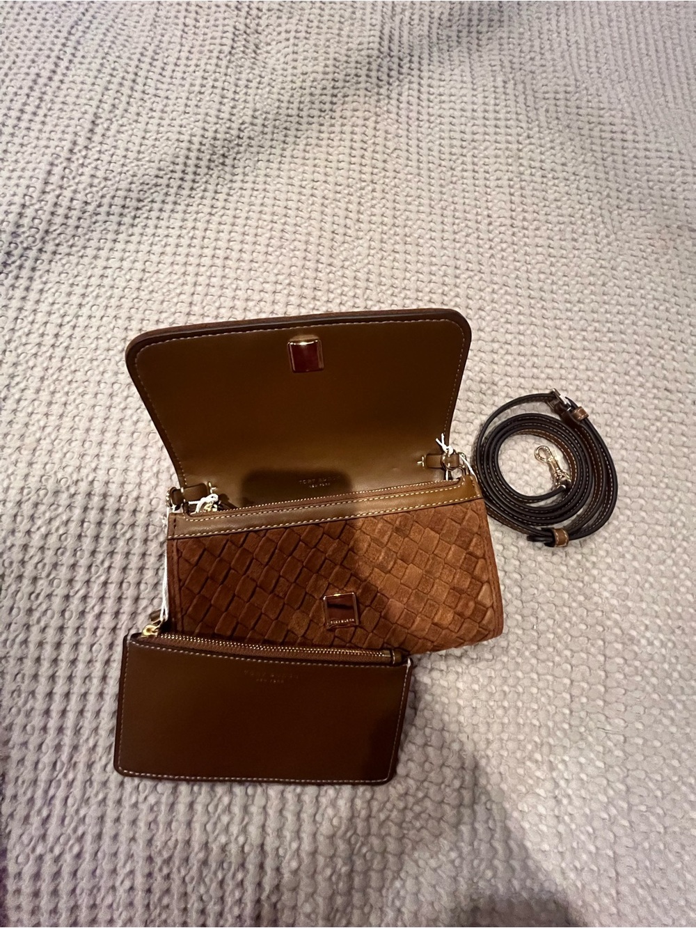 Tory Burch Chestnut Brown Woven Leather Crossbody with Pouch - Picture 5 of 5